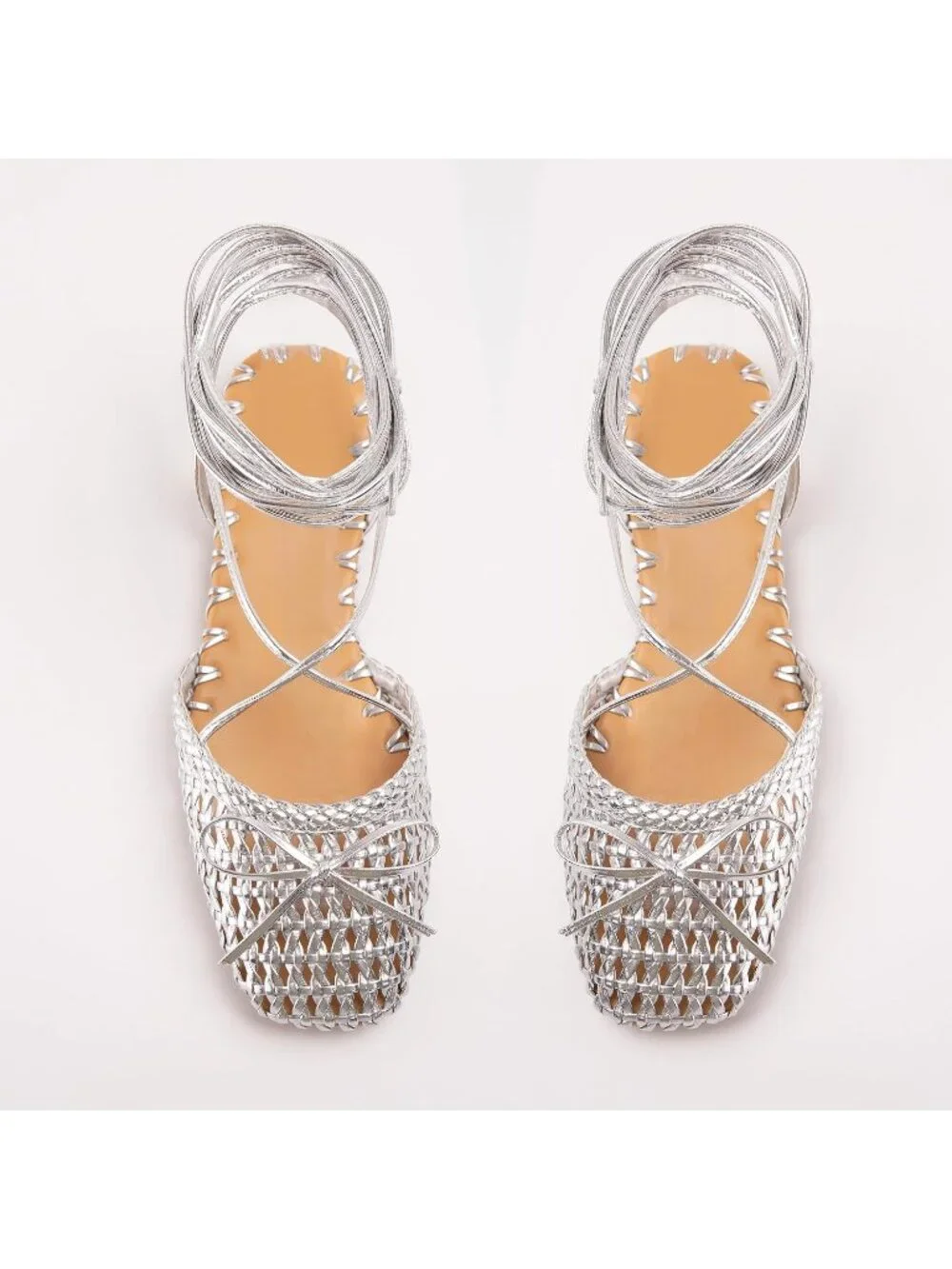Women's Woven Silver Ballet Flats Lace Up Closed Square Toe Summer Dressy Sandal